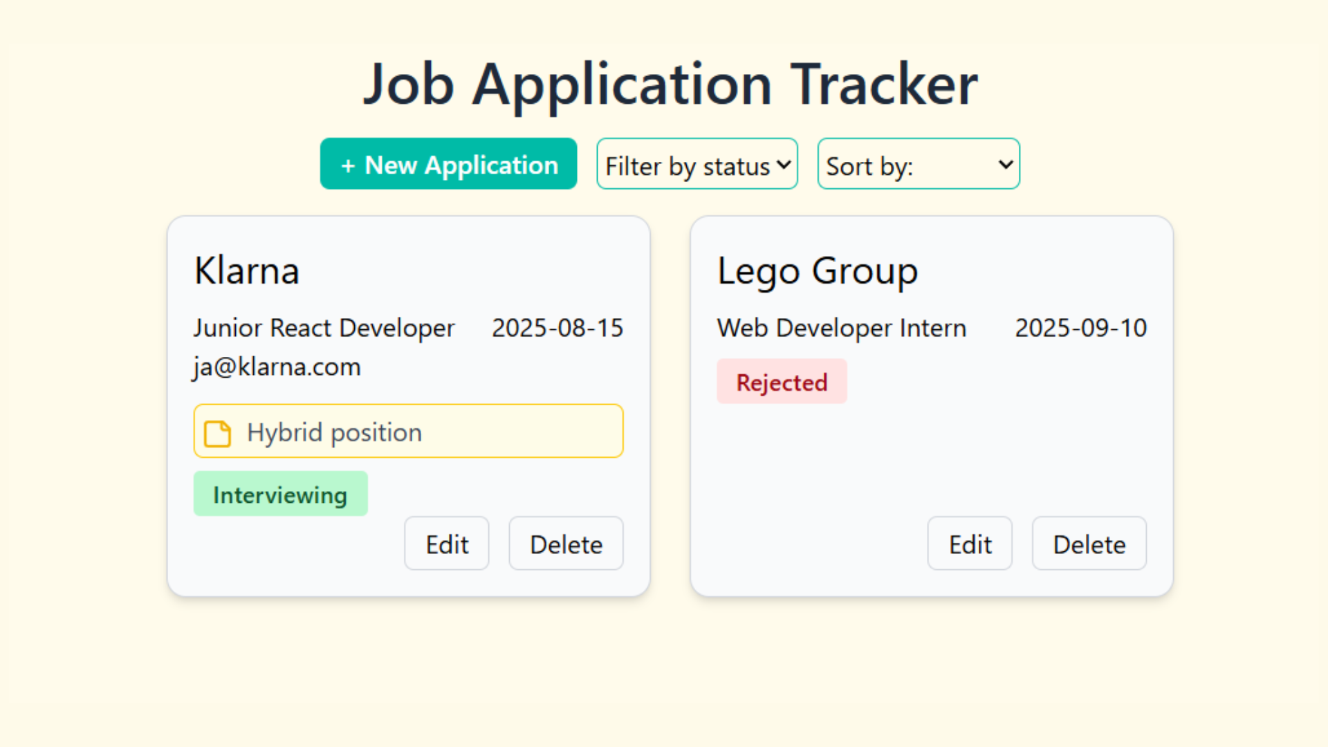 Screenshot of the React Job Application Tracker project